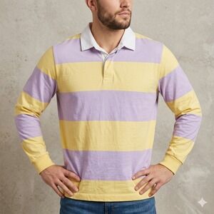 Vintage GAP Rugby Shirt Mens Large Yellow Purple Striped Long Sleeve Cotton Polo